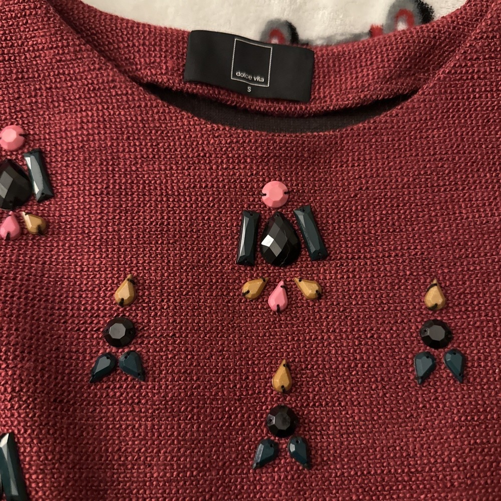 Dolce Vita Anthropologie S Women's Gem Peplum Top Knit Sweater Blouse Burgundy.